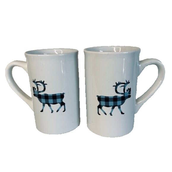 Caribou Coffee Mug/Cup Set of 2, 5" White w/Blue & Black Plaid Reindeer 12oz - Picture 1 of 12